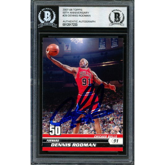 Dennis Rodman Autographed 2007-08 Topps 50th Anniversary Card #29 Chicago Bulls Signed In Blue Beckett BAS